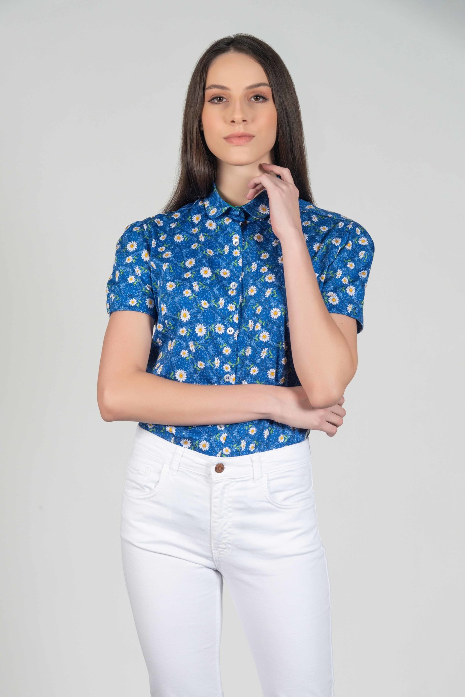 Luna Blue Bandana Luxury Short Sleeve Shirt with Lycra (Size: 16)