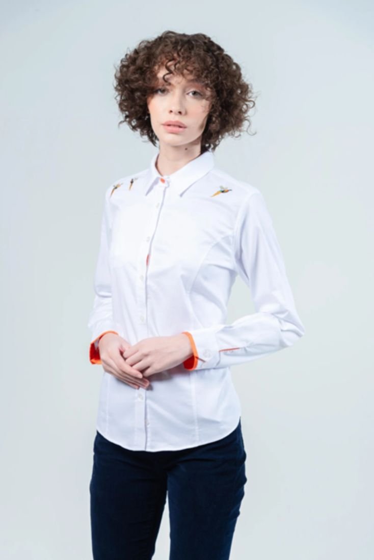 LAYLA White embroidered pheasant luxury shirt - Pheasants